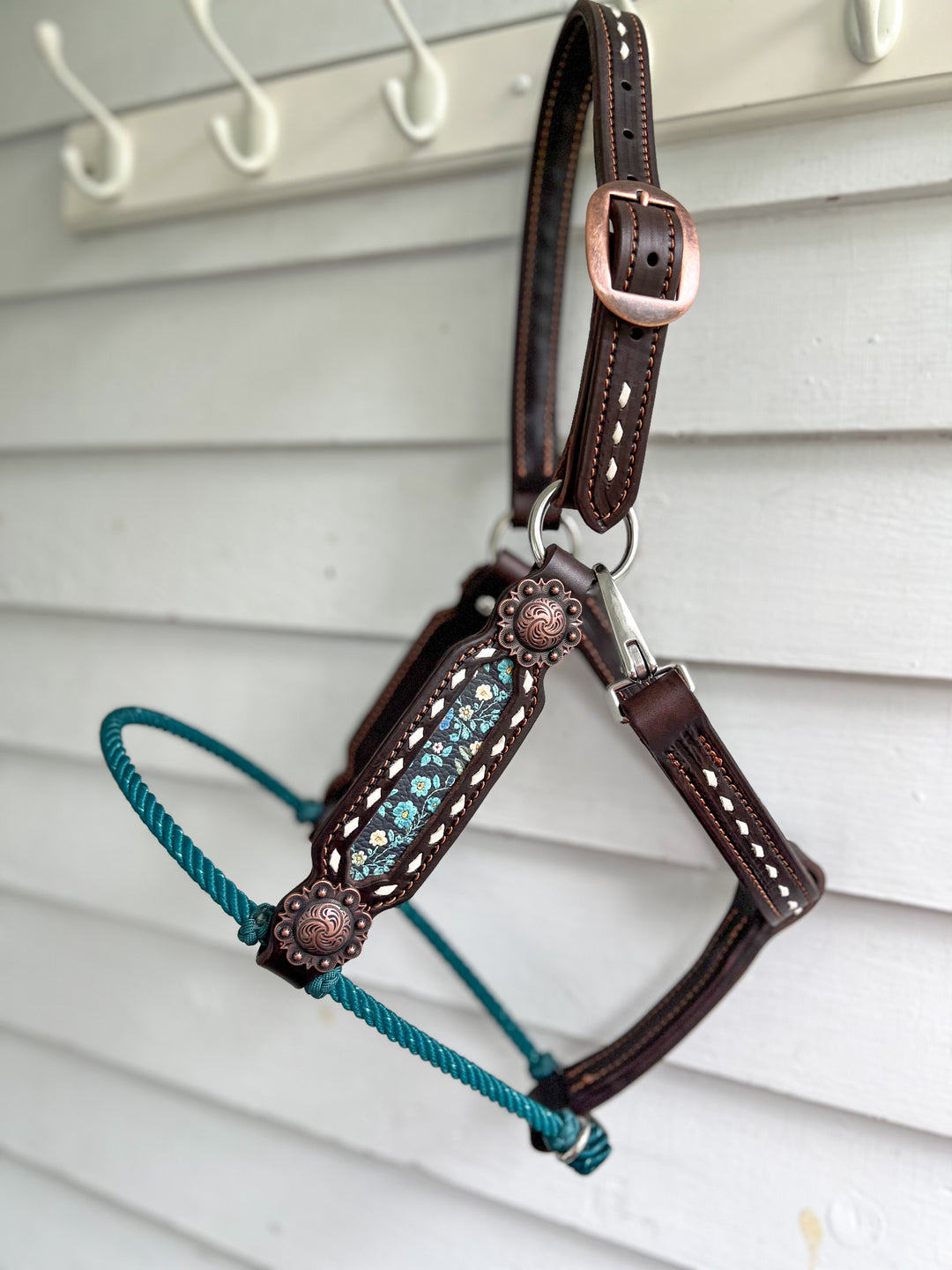 [ Stock] Full Leather Lariat Halter -dainty blue floral - teal lariat w/ rope