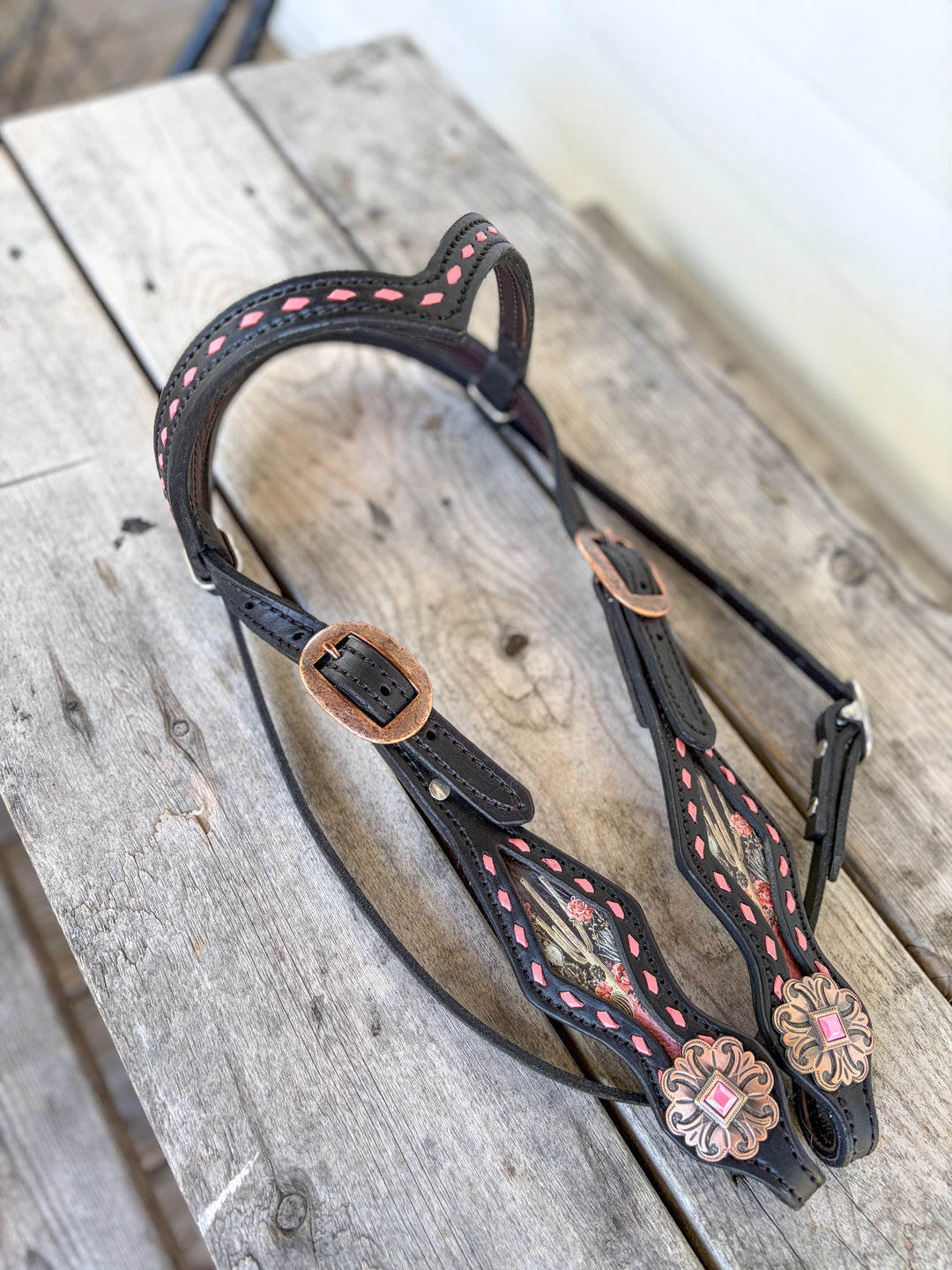 [ In Stock ] Pink Cactus headstall - browband black