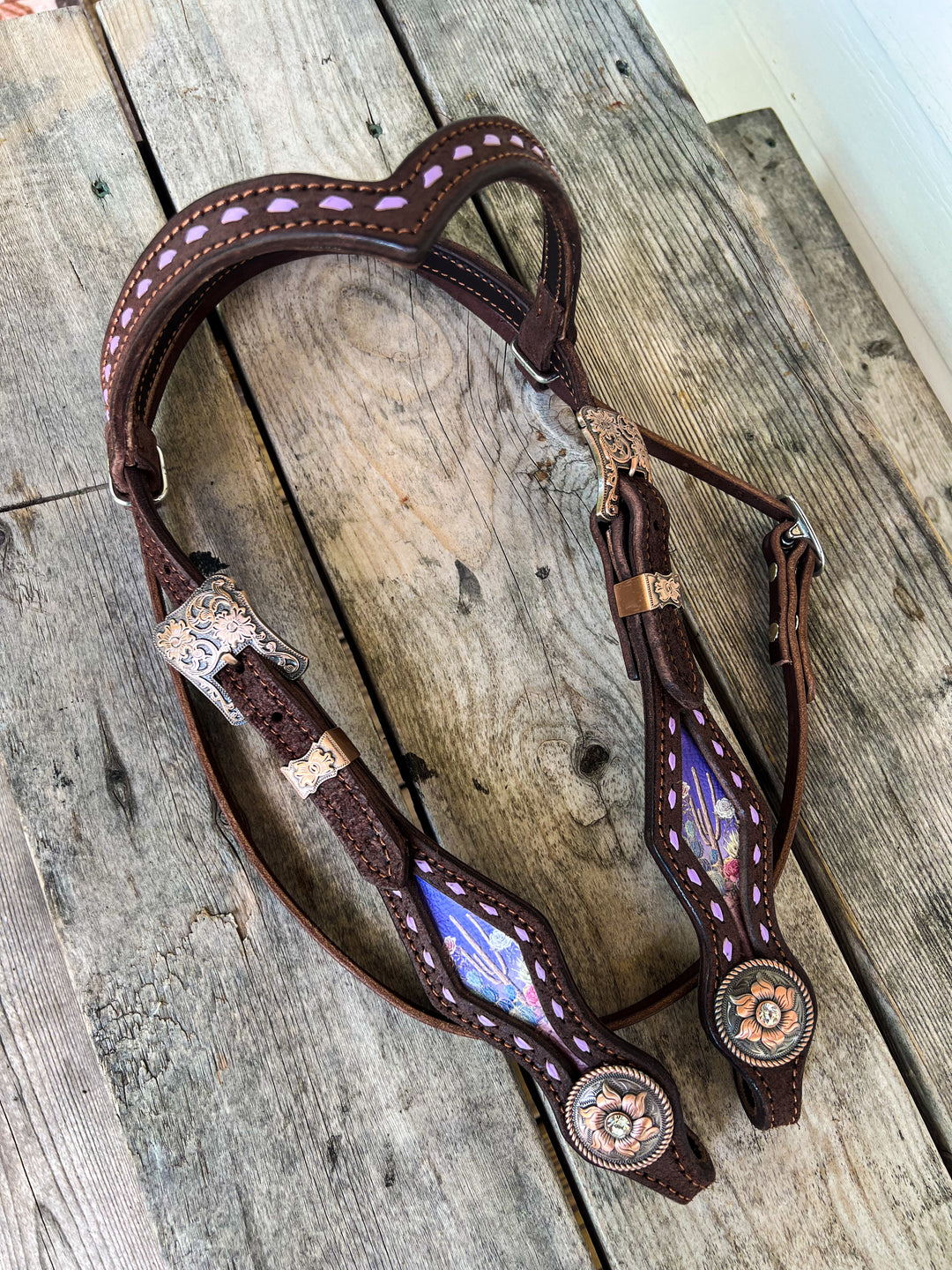 [ In Stock ] Purple Cactus headstall - one ear roughout chocolate