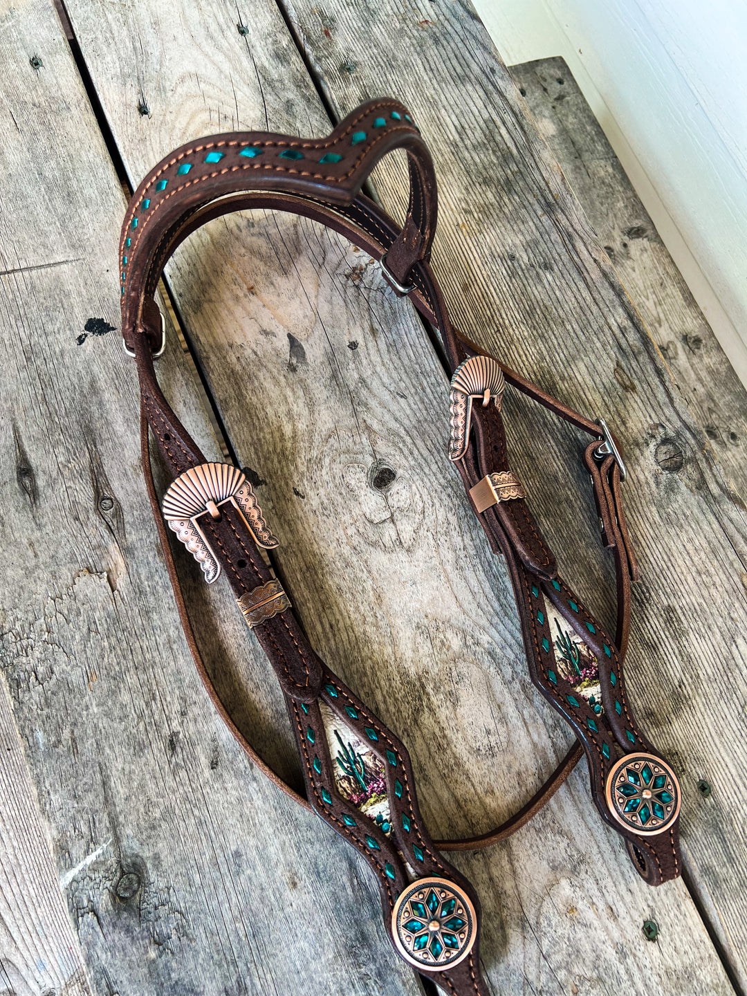 [ In Stock ] Green Cactus headstall - browband roughout chocolate