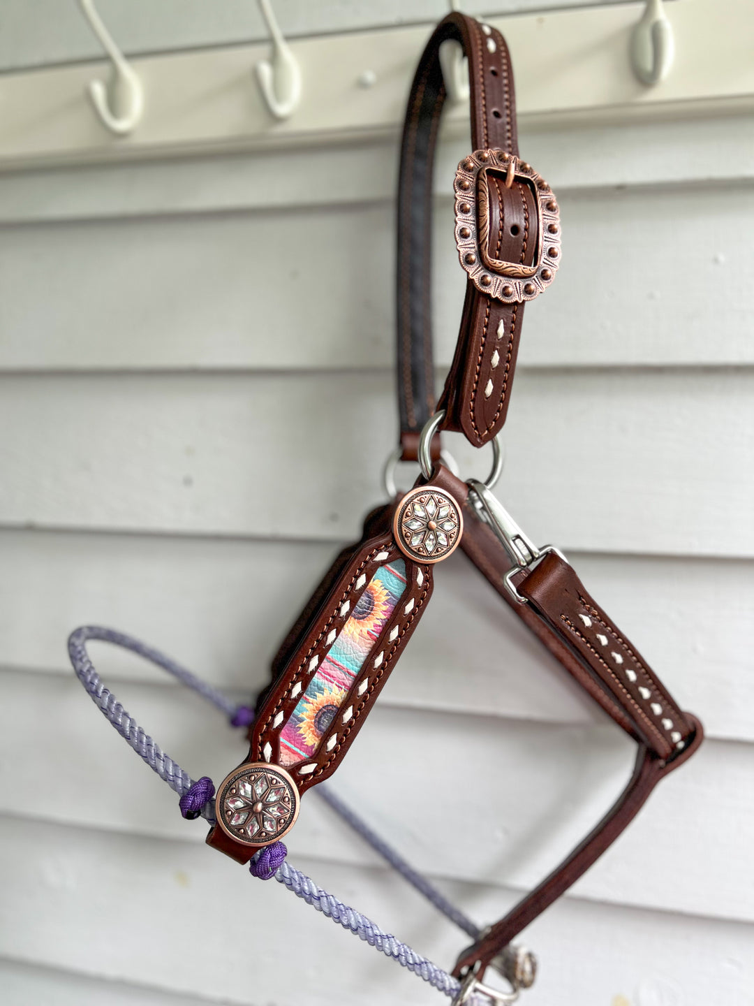 [ Stock] Full Leather Lariat Halter - Mackenna - Purple marbled lariat