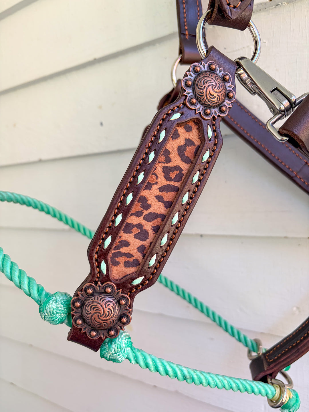 [ Stock] Full Leather Lariat Halter - leopard  - mint lariat