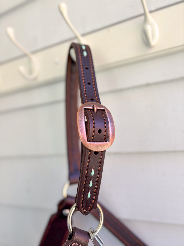 [ Stock] Full Leather Lariat Halter - leopard  - mint lariat