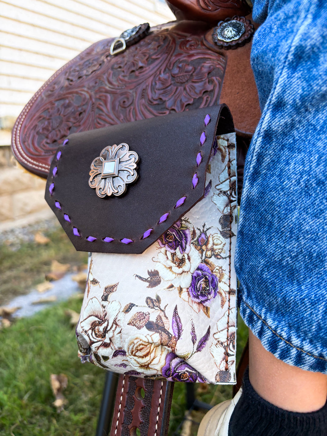 [In Stock] Purple and brown floral -  Back Cinch Saddle Bag