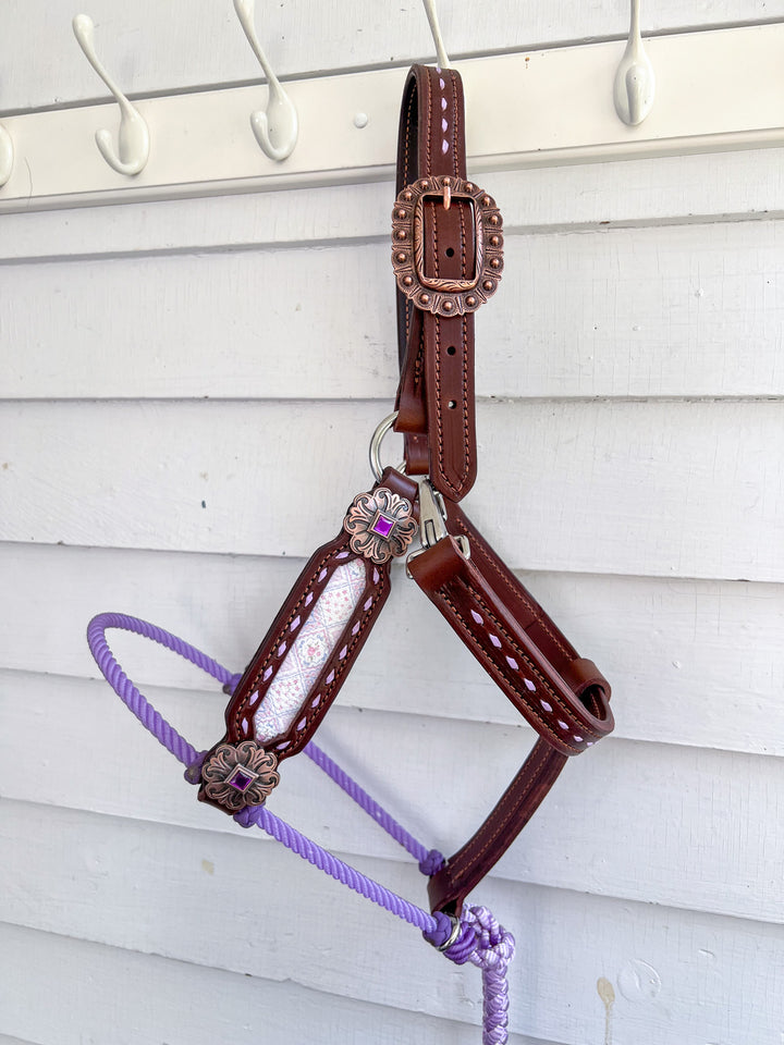 [ Stock] Full Leather Lariat Halter -Purple and Pink Quilt - light purple lariat w/ rope