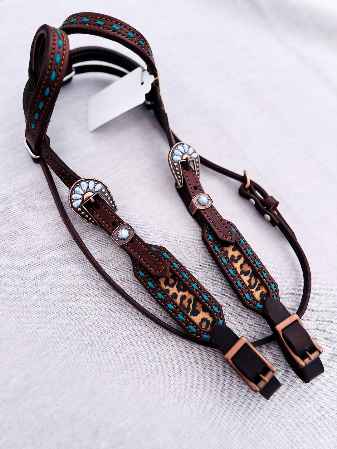 [ In Stock ] Leopard w/ turq buckstich- double ear - Quick Change Headstall