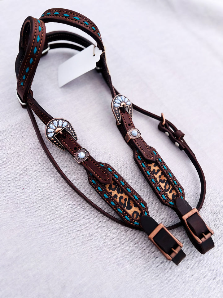 [ In Stock ] Leopard w/ turq buckstich- double ear - Quick Change Headstall