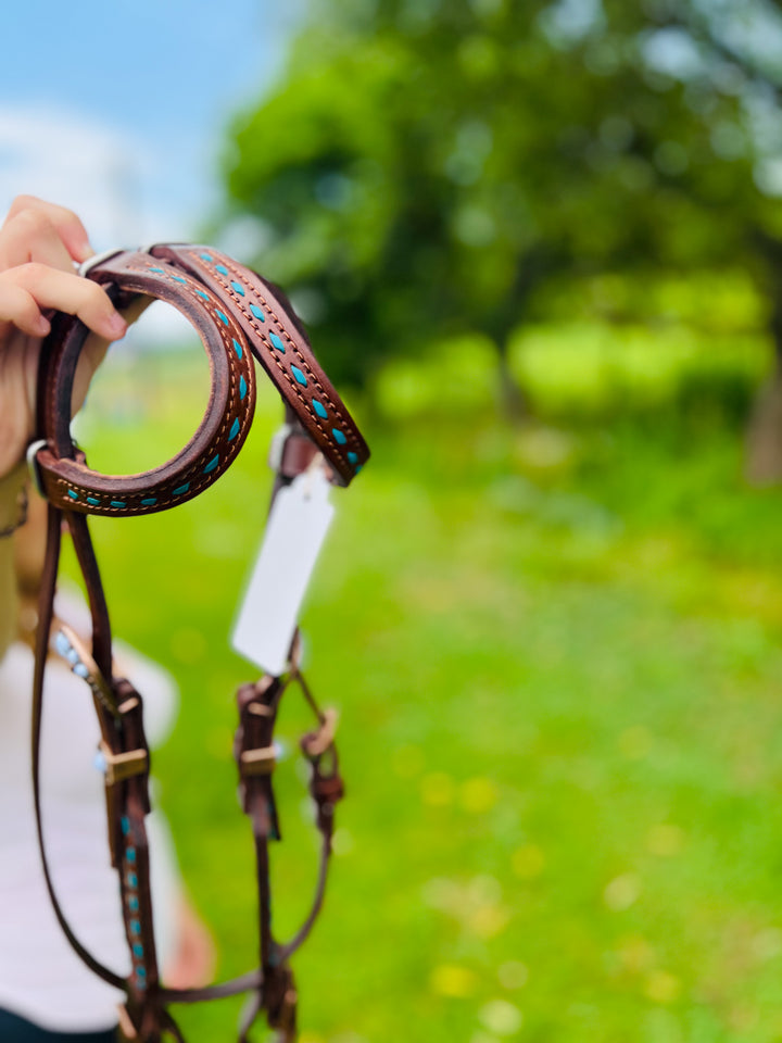 [ In Stock ] Leopard w/ turq buckstich- double ear - Quick Change Headstall