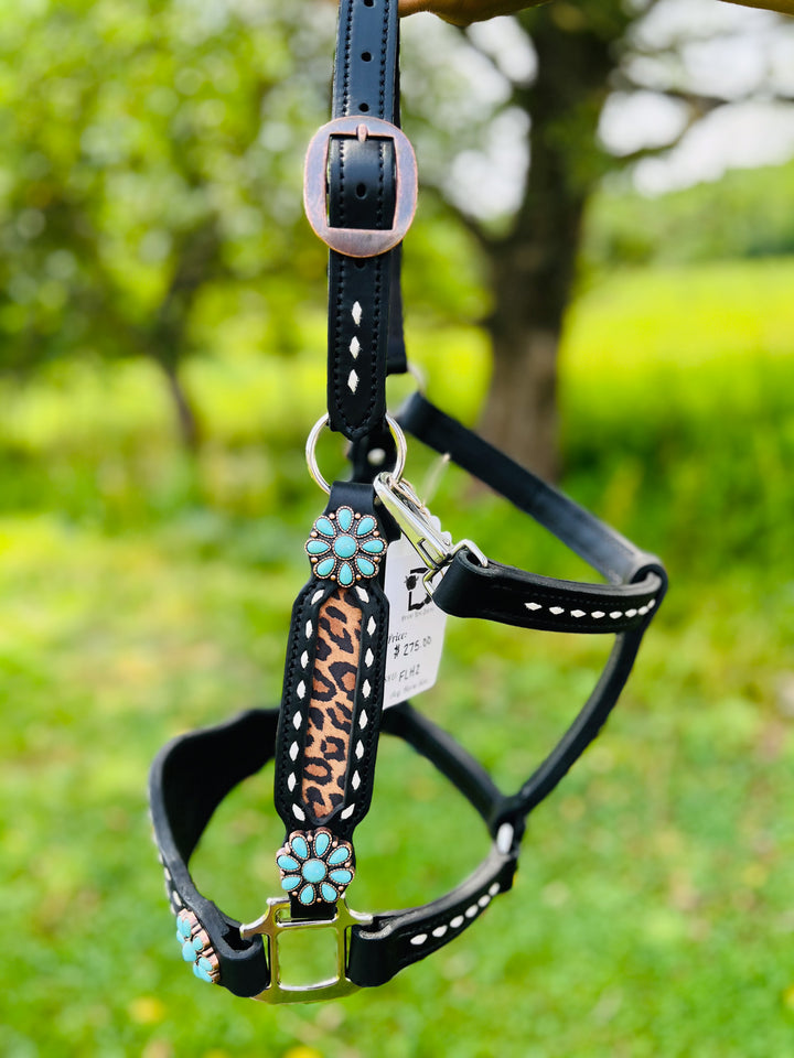 [ Stock] Full Leather Halter - Leopard  on black