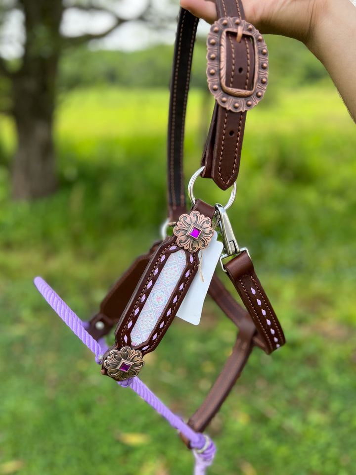 [ Stock] Full Leather Lariat Halter -Purple and Pink Quilt - light purple lariat w/ rope
