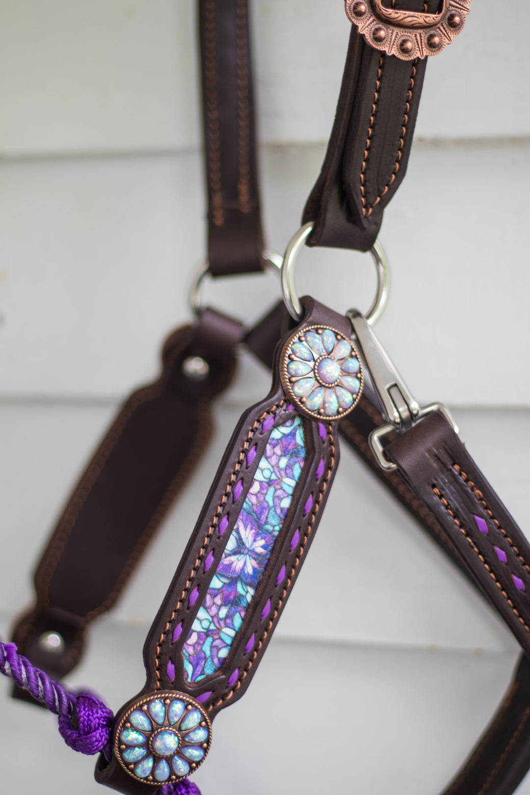 [ Stock] Full Leather Lariat Halter - Purple Butterfly  - purple lariat