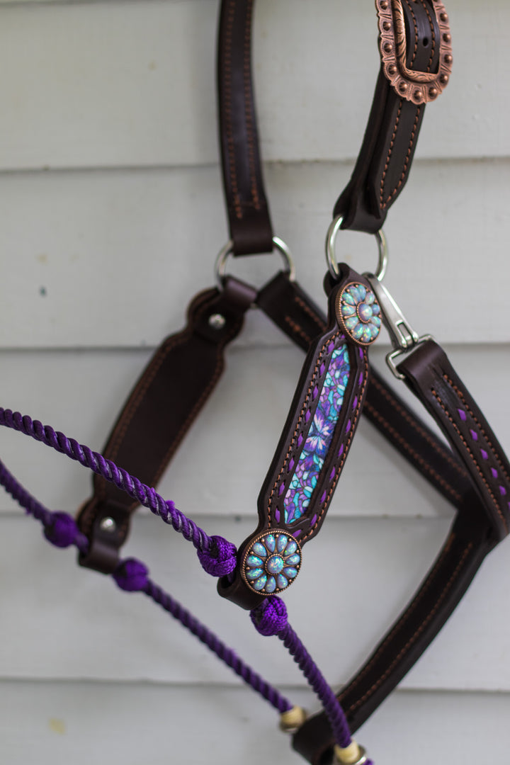 [ Stock] Full Leather Lariat Halter - Purple Butterfly  - purple lariat