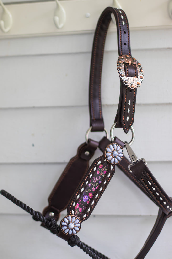 [ Stock] Full Leather Lariat Halter - Starlight Bloom  - black lariat