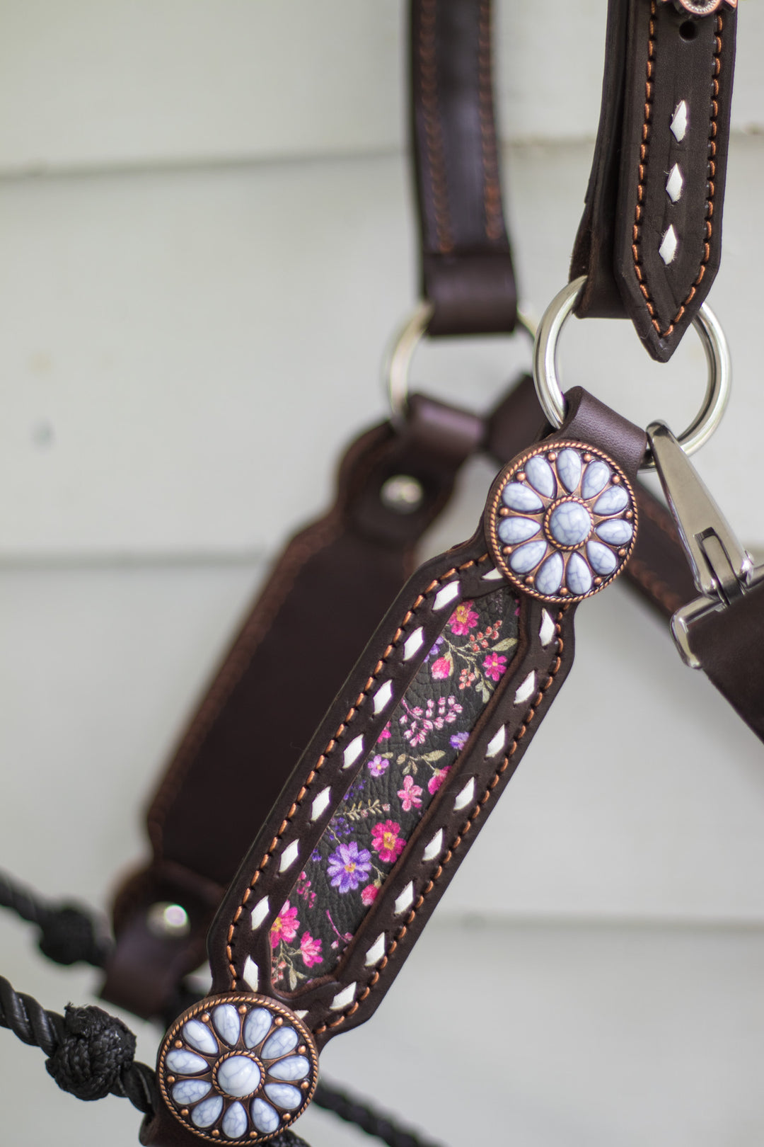 [ Stock] Full Leather Lariat Halter - Starlight Bloom  - black lariat