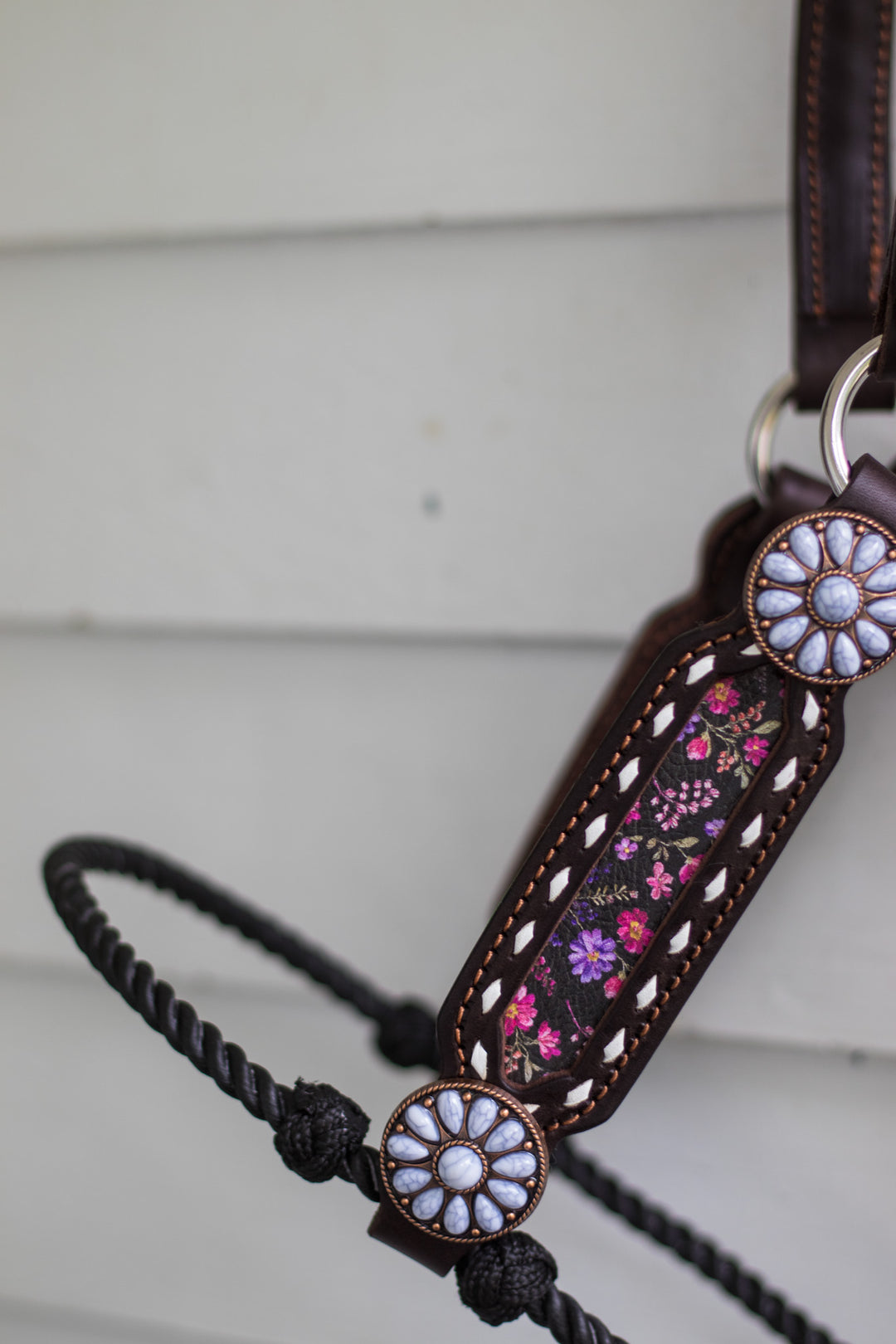 [ Stock] Full Leather Lariat Halter - Starlight Bloom  - black lariat