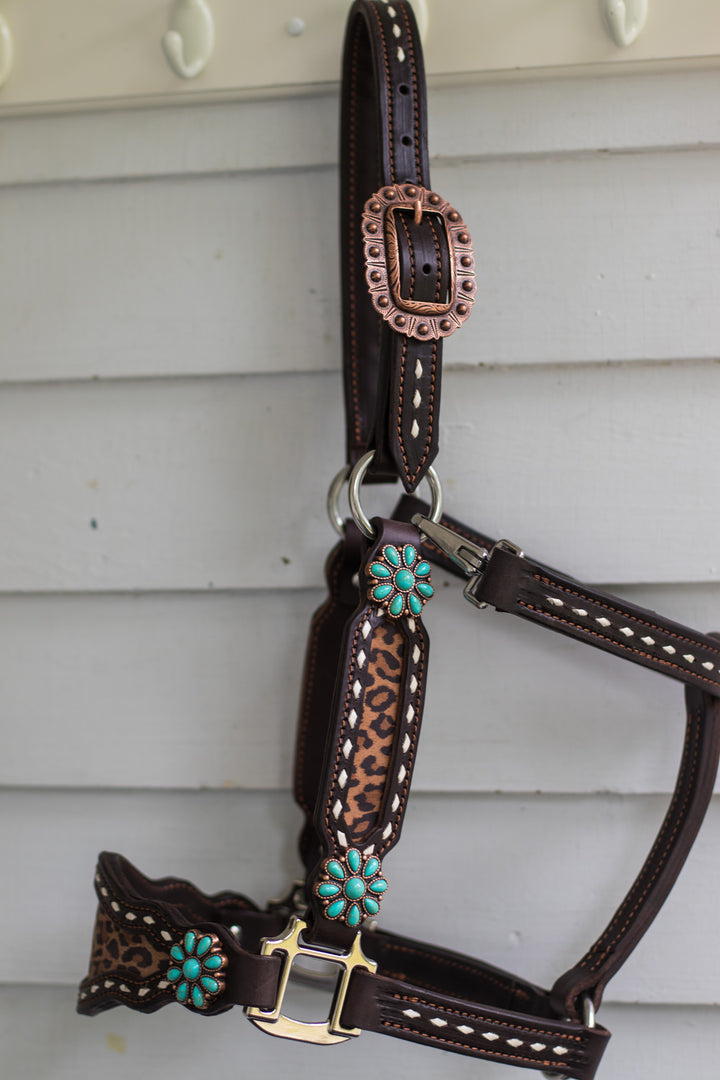 [ Stock] Full Leather Halter - Leopard  on chocolate