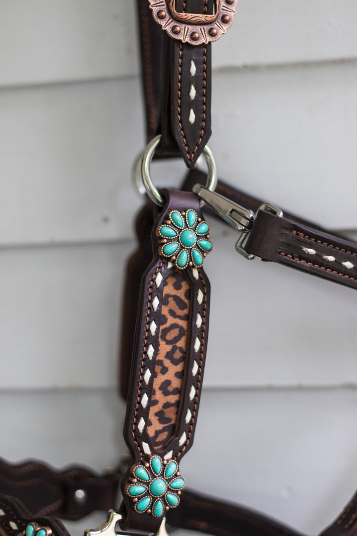 [ Stock] Full Leather Halter - Leopard  on chocolate
